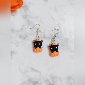 OpalGlaze Halloween Jewelry Cat on Pumpkin Earrings Dangles